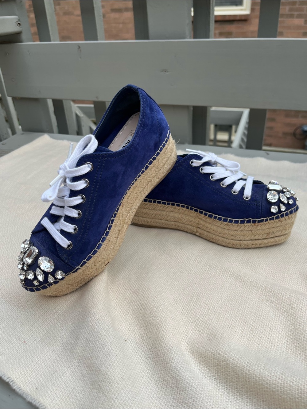 Miu Miu Blue Suede Crystal Embellished Platform Espadrille Sneakers